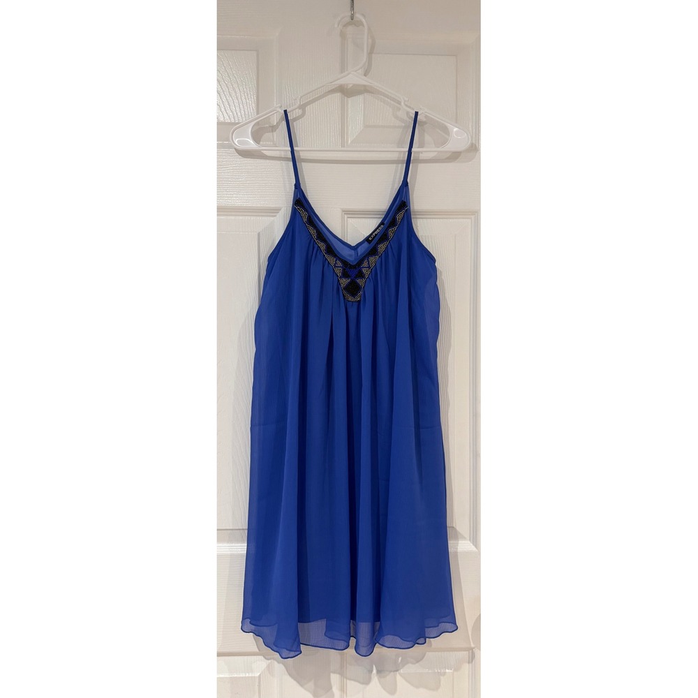 Express Blue Beaded V-Neck Tunic Cami Top Adjustable Straps Small NWT